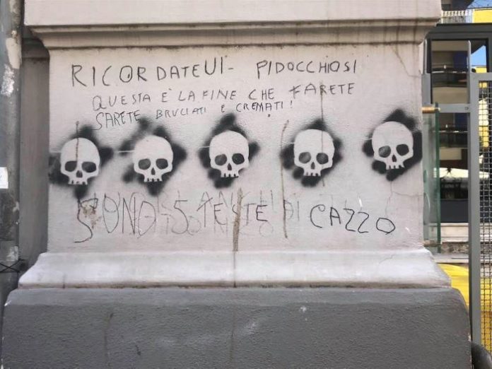 Vomero, scritte choc con teschi in via Luca Giordano: “Sarete bruciati e cremati”